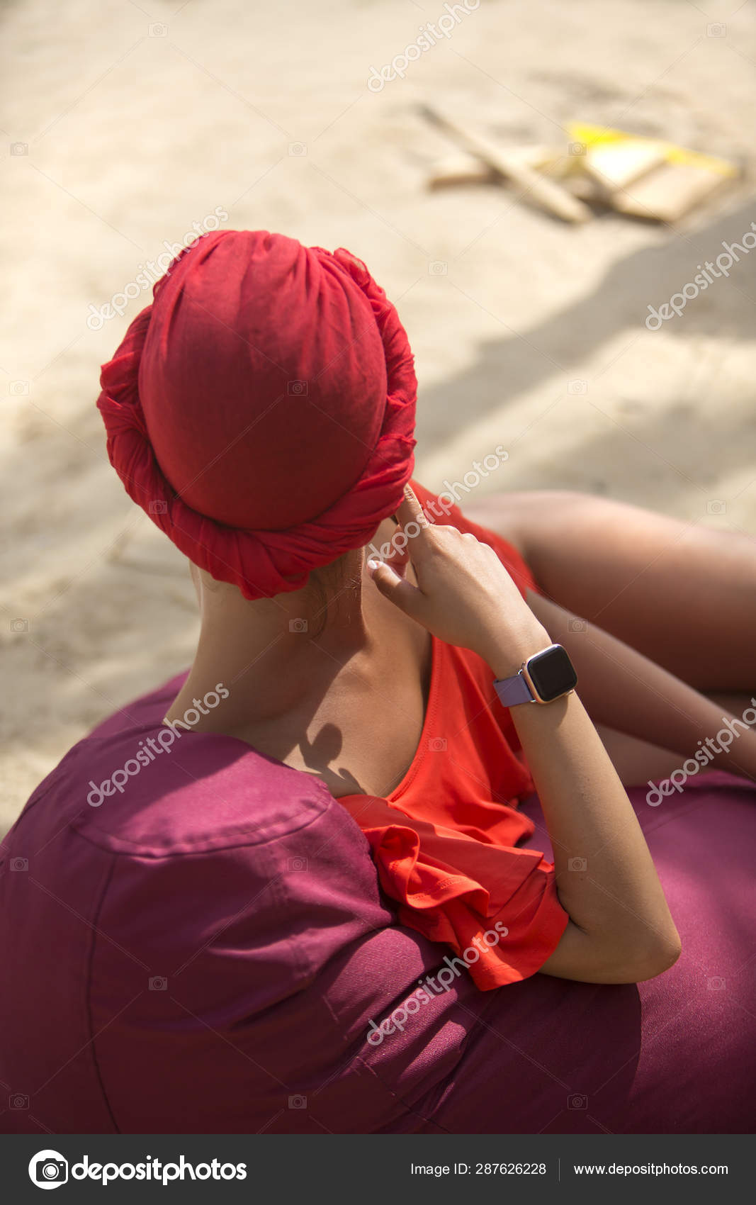 Young Woman Sunglasses Swimsuit Sunbathes Sitting Sand Bag Chair