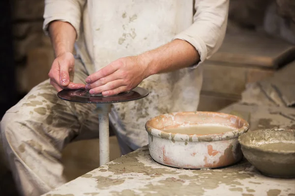 Man Working Fresh Wet Clay Pottery Wheel Male Hands Make — Stock Photo, Image