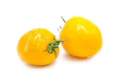 Taze taze organik sarı domatesler, beyaz arka planda izole edilmiş çiğ damlaları.