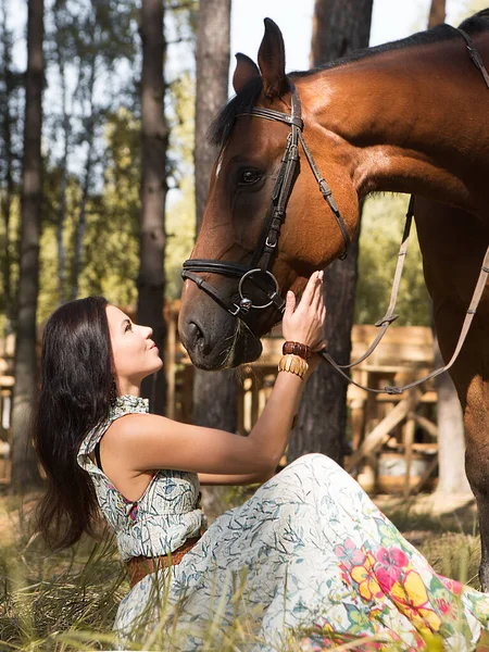 Mladá Krásná Žena Sedí Trávě Lese Něžně Objímají Svého Koně — Stock fotografie