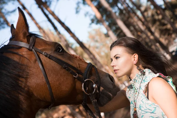 Portrait Young Beautiful Woman Holding Horse Forest Walking Horse — Stock Photo, Image