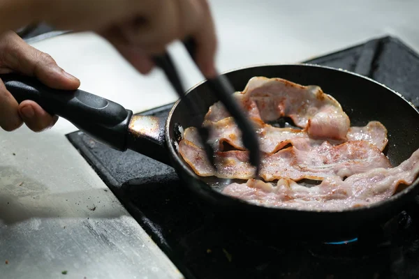 Bacon Reepjes Gekookt Koekenpan — Stockfoto