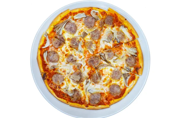 Zelfgemaakte Verse Pizza Met Tomaten Kaas Worst — Stockfoto