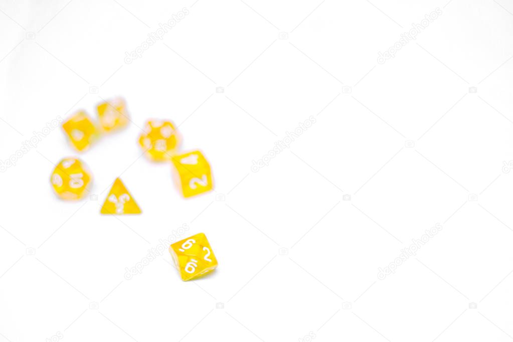 Icon set of yellow dice for fantasy dnd and rpg tabletop games. Board game polyhedral dices with different sides isolated on white background