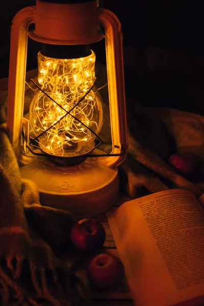 Warm light of lamp, book, blanket