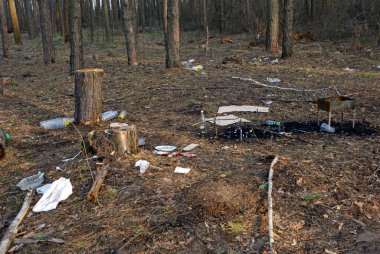 İnsanlar piknik sonrası ormanın çöple kirlenmesi.