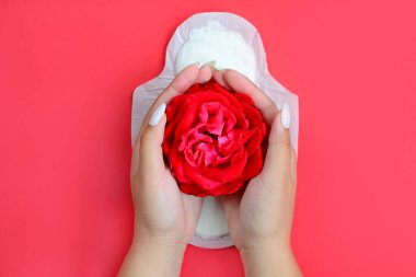 Kadın eli, hijyenik peçetenin arka planında kırmızı bir gül çiçeği tutar. Yukarıdan bak. Yumuşak odak