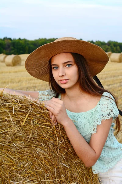 Foto de uma bela jovem em um chapéu de palha em um campo contra um fundo de palheiro. — Fotografia de Stock