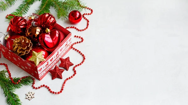 Christmas New Year Concept Red Christmas Balls Beads Stars Gift — Stock Photo, Image