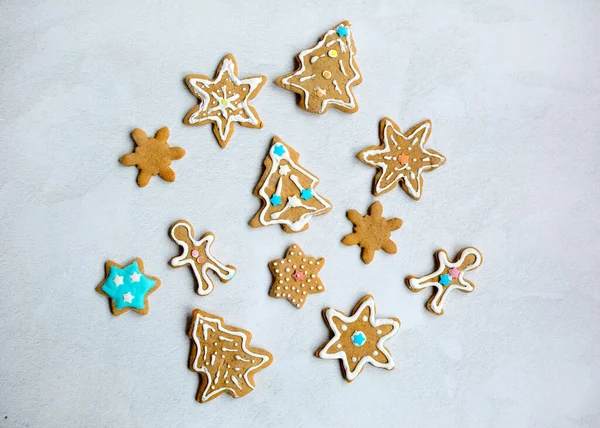 Top View Delicious Homemade Gingerbread Cookies Shape Stars Trees Christmas — Stock Photo, Image