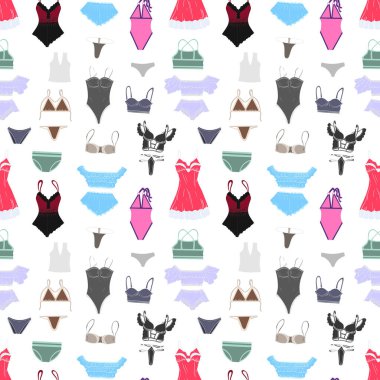 Kusursuz duvar kağıdı. Kadın kıyafetleri. Seksi kadın iç çamaşırı koleksiyonu. Çeşitli çizim unsurlarının karikatürü: sutyen, külot, bikini, tişört, mayo, şort, üst.
