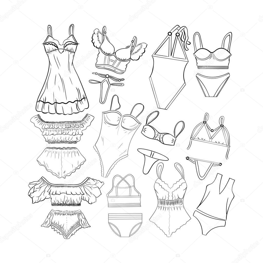 WWomen's clothing. Sexy collection of women's underwear. Cartoon of various sketch elements: bra, panties, bikini, t-shirts, swimwear, shorts, tops.