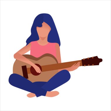 Gitarlı kadın. Grafik çizim konsepti, müzik eğitimi. Hobiler, hobiler, boş zaman. Beyaz arka plan, yakın plan. Çizgi film biçimi