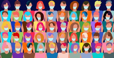 Antiviral maskeli bir kalabalık. Yeni Coronavirus (2019-nKoV). Karantina Uyum Konsepti. Salgın grip, virüs, bakteri.