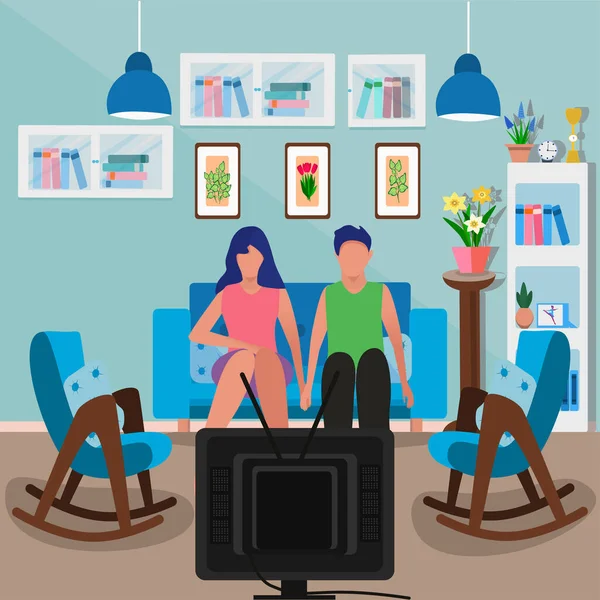 Young Couple Watching News Home Sitting Couch Graphic Drawing Can — Stock Vector