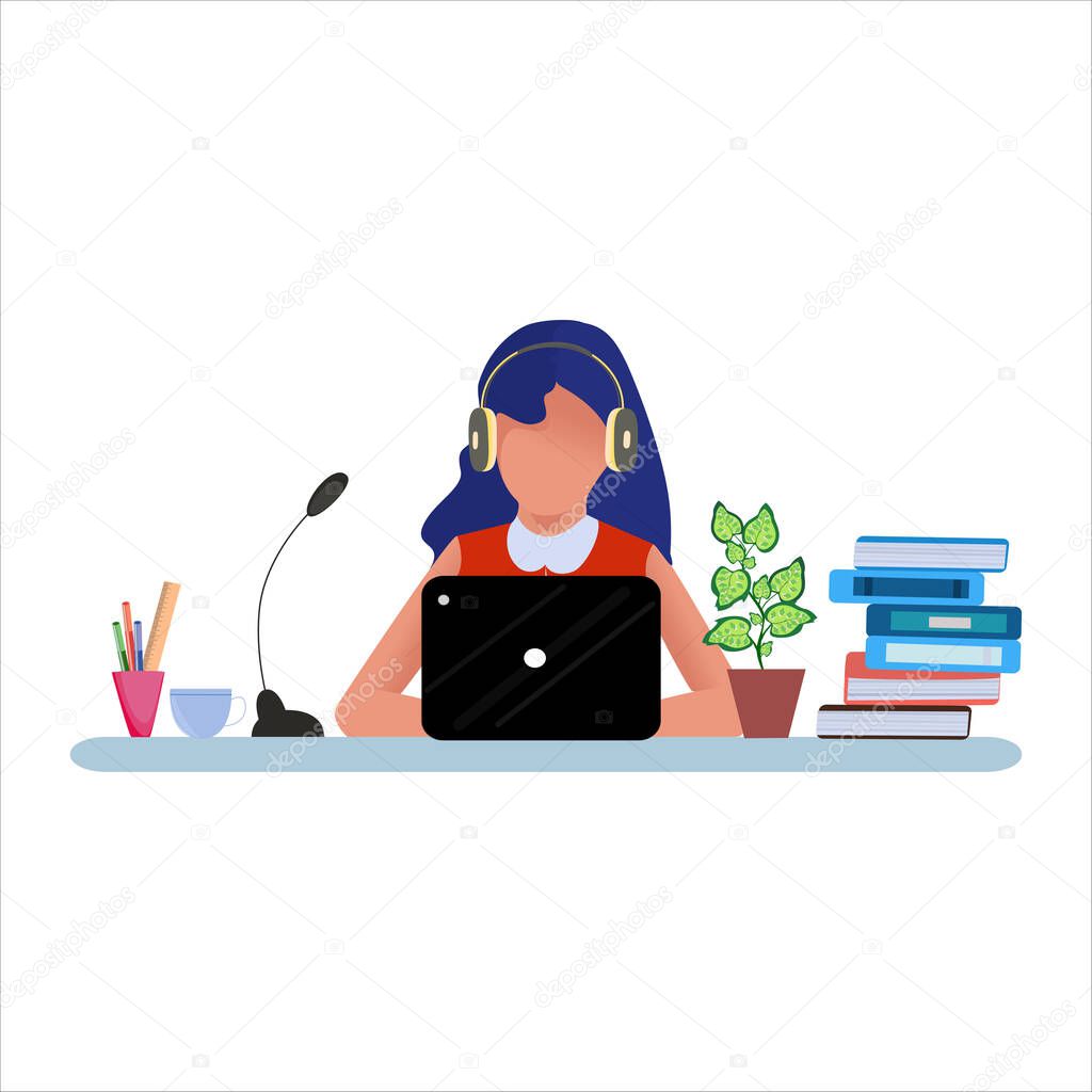 Online chat. Communication with the client. Woman at work in headphones and a microphone with a laptop. Concept illustration of work at home, for support, assistance, call center. Flat cartoon style.