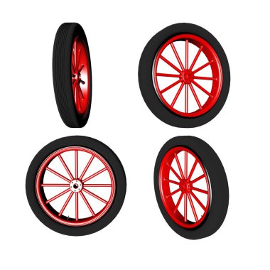 Üç boyutlu çizim. Tekerleklerin gerçekçi görüntüsü. Yolcu vagonu tekerleği, bisikletten tekerlek. El arabası için tekerlek. Beyaz arka plan. Tekerlek koleksiyonu.