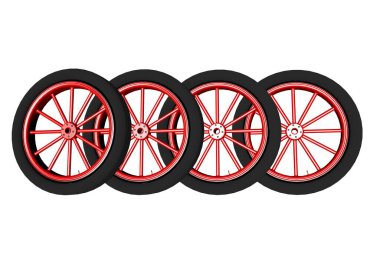 Üç boyutlu çizim. Tekerleklerin gerçekçi görüntüsü. Yolcu vagonu tekerleği, bisikletten tekerlek. Beyaz arka plan. Tekerlek koleksiyonu.