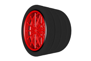 Üç boyutlu çizim. Tekerleklerin gerçekçi görüntüsü. Yolcu vagonu tekerleği, bisikletten tekerlek. Beyaz arka plan. Tekerlek koleksiyonu.