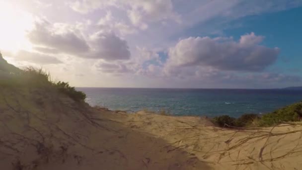 Handheld Shot Walnking Sand Edge Revealing Rocky Coast — Stock Video