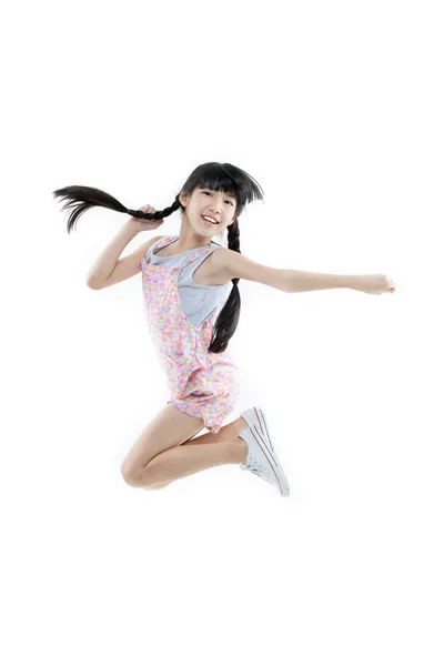 Portrait Happy Asian Child Girl Jumping Smiling Isolated White Background — Stock Photo, Image