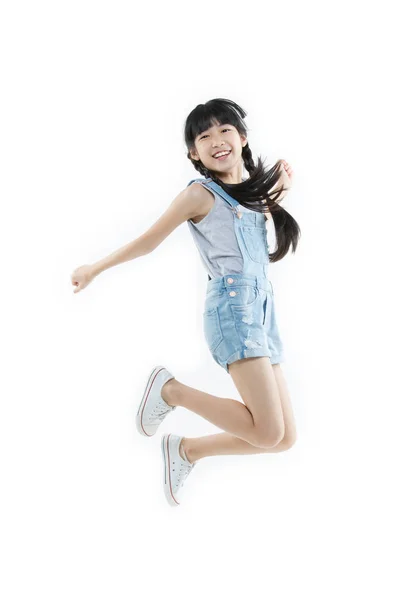 Portrait Happy Asian Child Girl Jumping Smiling Isolated White Background — Stock Photo, Image