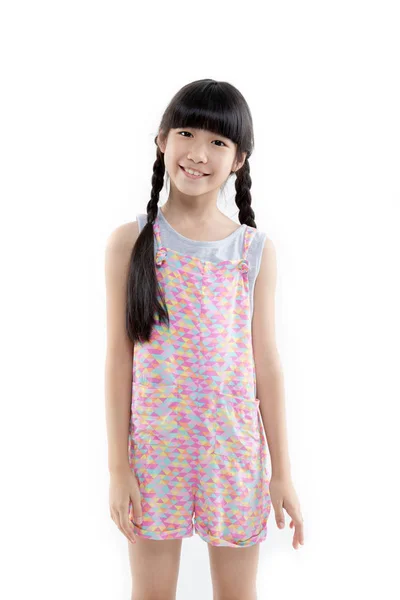 Retrato Menina Estudante Asiática Feliz Sorrindo Isolado Fundo Branco — Fotografia de Stock