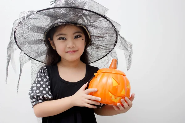 Portrait Asian Girl Funny Witch Clothes Holding Pumpkin Bucket Halloween — Stock Photo, Image