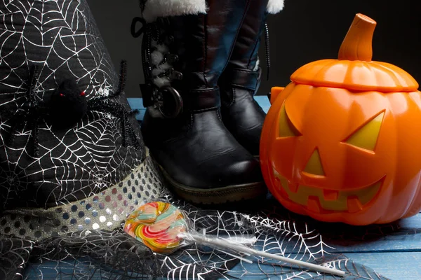Pumpkin Bucket Witch Hat Boots Halloween Decorations — Stock Photo, Image