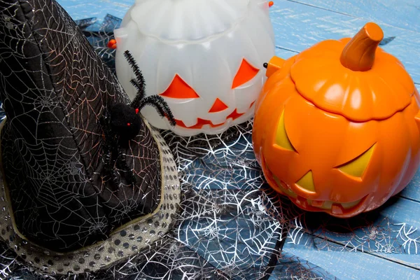 Pumpkin Bucket Witch Hat Halloween Decorations — Stock Photo, Image