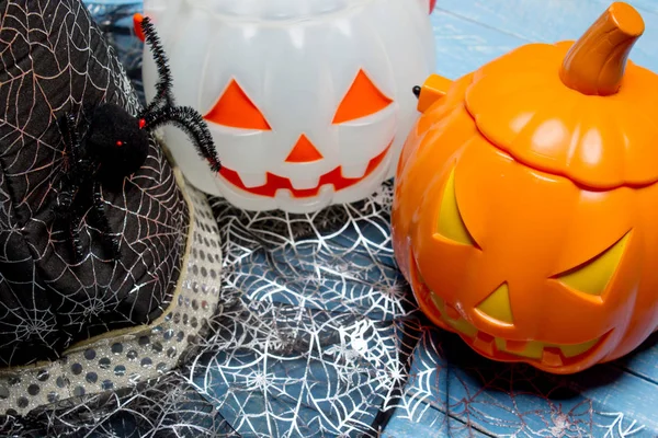 Pumpkin Bucket Witch Hat Halloween Decorations — Stock Photo, Image