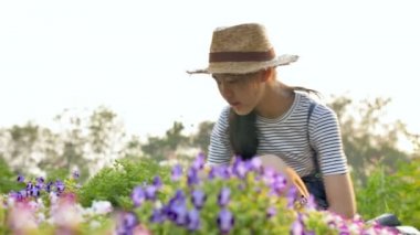 4k güzel Asyalı kız ağır çekim çekim bahçede çiçek dikim