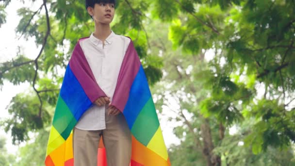 Porträt Eines Jungen Asiatischen Mädchens Mit Regenbogenfahne Bedeckt Zeitlupe — Stockvideo