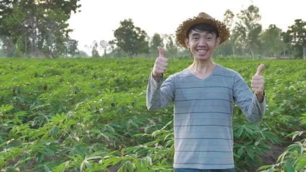 Zoom Out Portret Fericit Tânăr Asiatic Fermier Degetul Mare Câmpuri — Videoclip de stoc