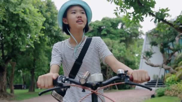 Beautiful Asian Teenager Girl Having Fun Riding Bicycle Slow Motion — Stock Video