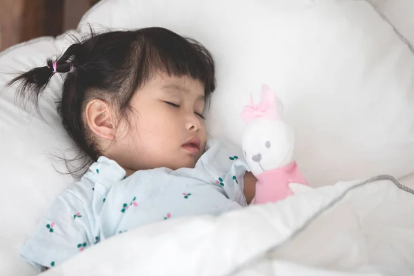 Cute Little Asian Girl Sleeping Doll Bed — Stock Photo, Image