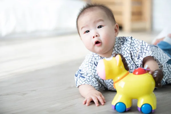 Asiático Bebé Niño Jugando Hourse Juguetes Suelo —  Fotos de Stock