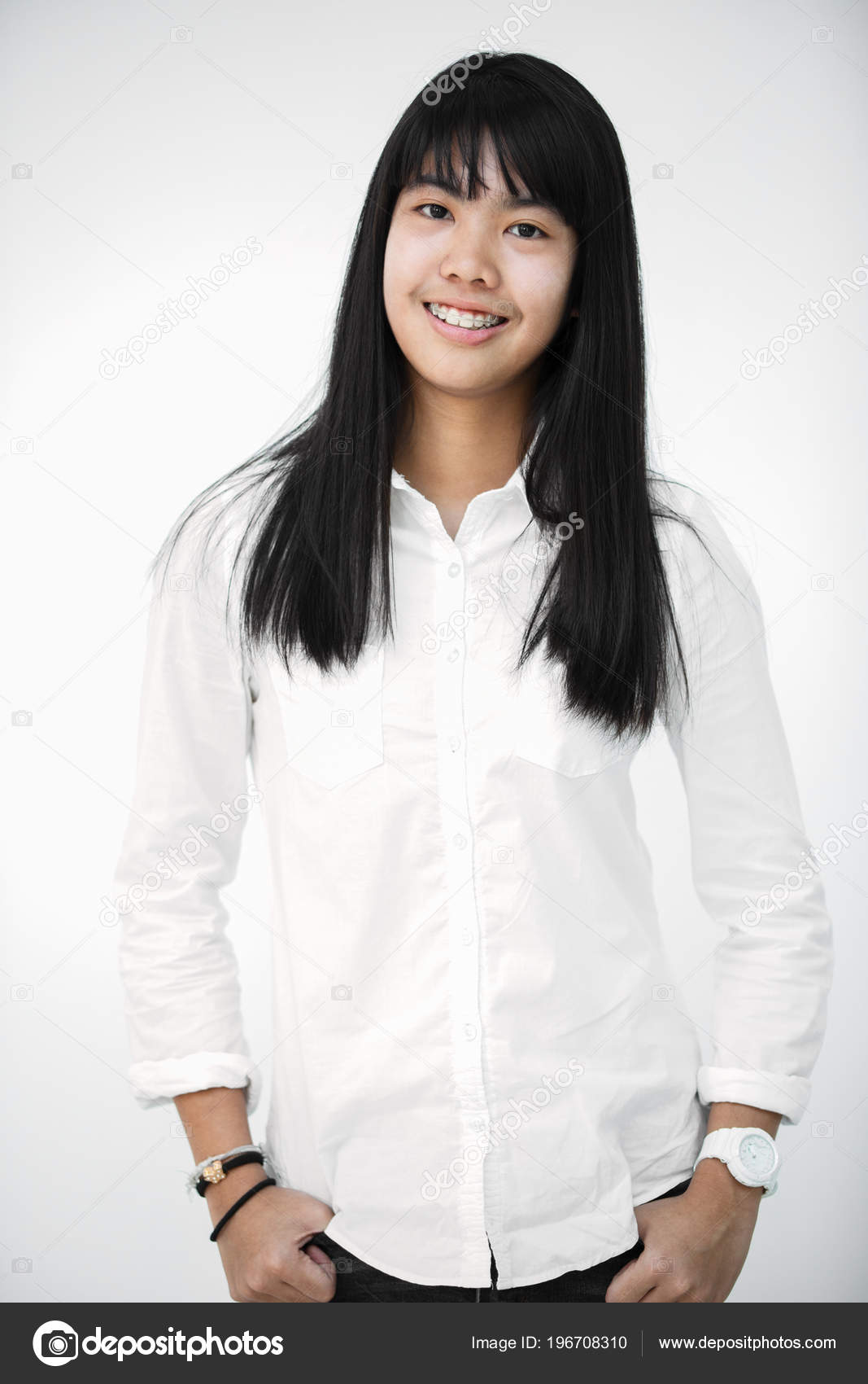 Portrait Asian Teen Cute Girl Looking Camera Gray Background Stock Photo Image By C Sirikornt