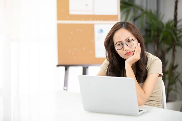 Business Asian Woman Sad Worried Working Laptop Office Hard Work — Stock Photo, Image