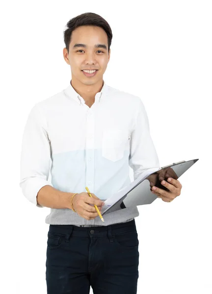 Retrato Joven Sonriente Pie Sosteniendo Lápiz Con Cara Sonriente Sobre —  Fotos de Stock