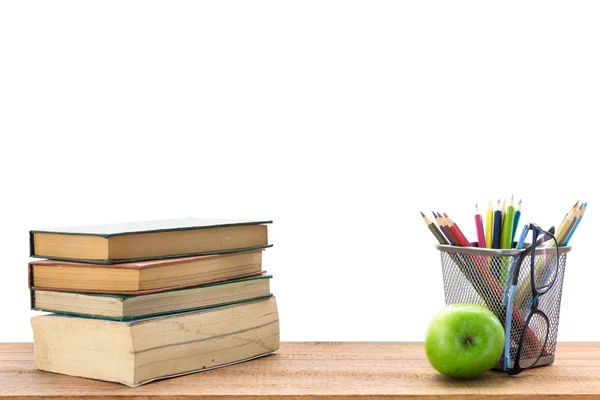 Sammansättningen Böcker Pappersvaror Och Ett Grönt Äpple Skrivbordet Den Vita — Stockfoto