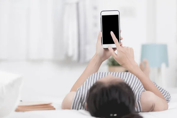 Woman Rest Relaxing Bed Using Cell Phone Devices Lifestyle Work — Stock Photo, Image