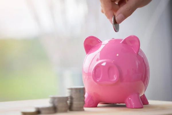 Hand Houden Munt Geld Besparen Roze Spaarvarken — Stockfoto