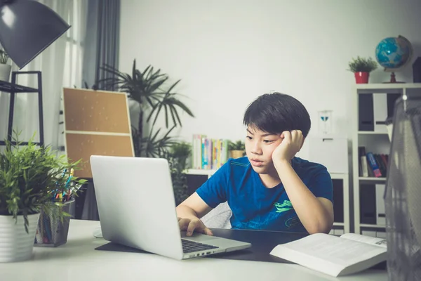 Asian Cute Boy Using Laptop Computer Tried Face Home — Stock Photo, Image