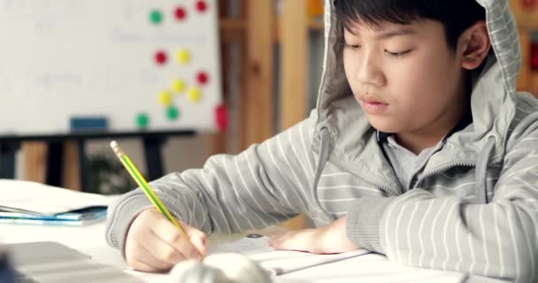 Angry Asian Boy Doing Your Homework Feel Anxious Worry Tired — Stock Video