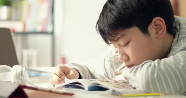 Ασίας Αγόρι Διαβάζοντας Βιβλία Κινουμένων Σχεδίων Στο Σπίτι Κουκλίτσα Σουτ — Αρχείο Βίντεο