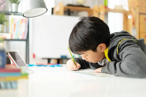 家で宿題をしている若いアジア 代学生 — ストック写真
