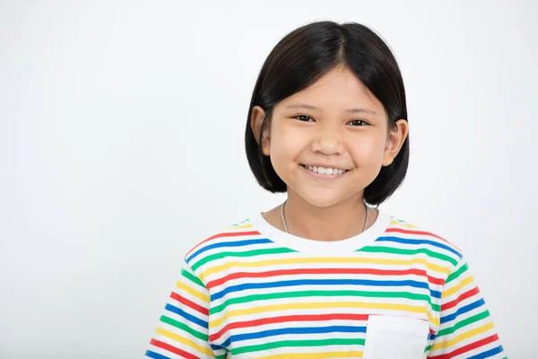 Portrait Beautiful Little Asian Girl Smiling Enthusiastic Looking Camera White — Stock Photo, Image