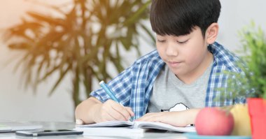 Asya ergenlik olan tablet bilgisayar ile ciddi bir yüz ödevlerini yapıyor.