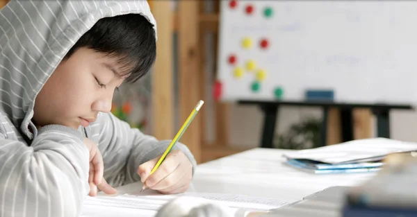 Lindo Asiático Adolescente Chico Haciendo Tarea Casa — Foto de Stock